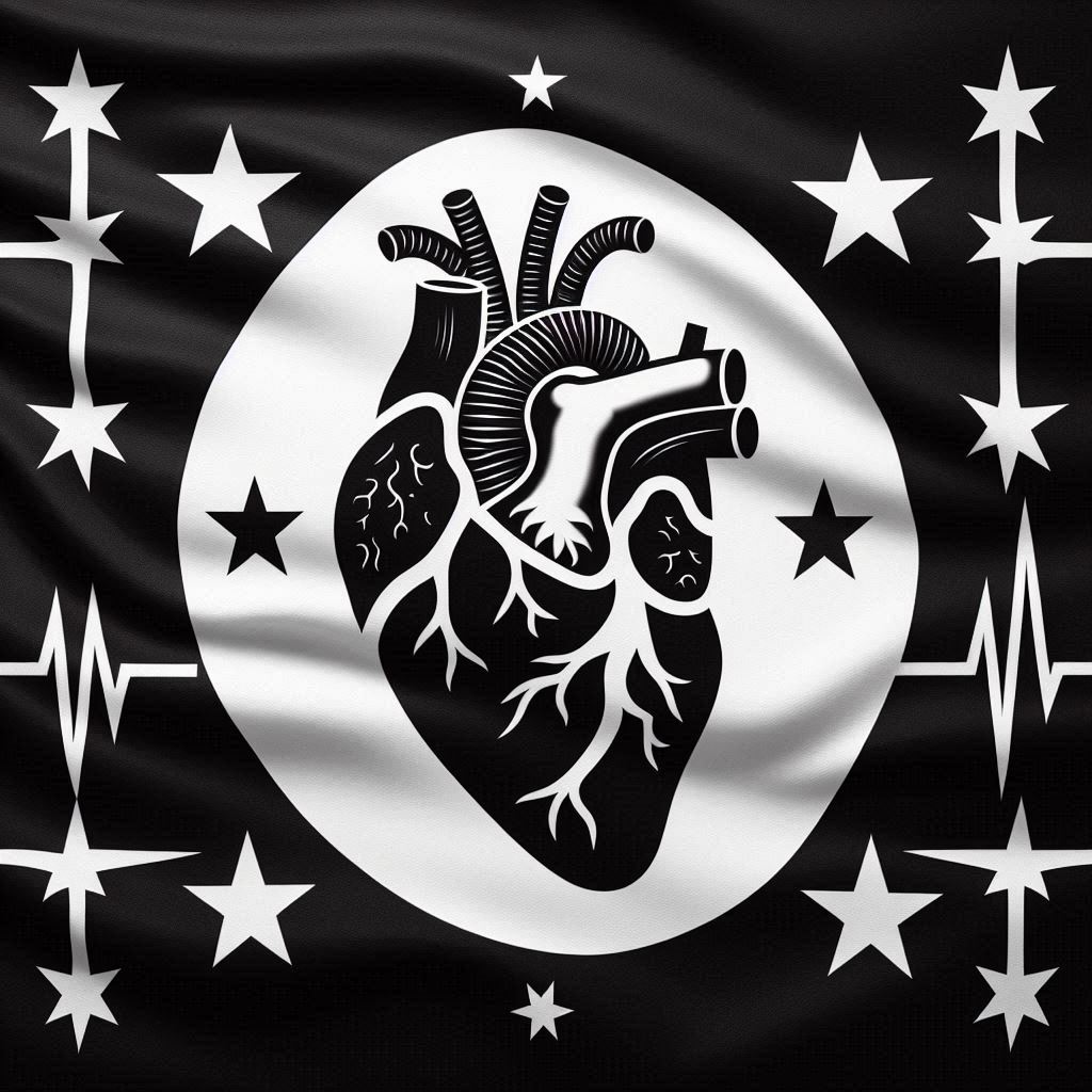 An artistic depiction of a heart illustration in black and white, surrounded by stars and a pulse line, set against a black background.